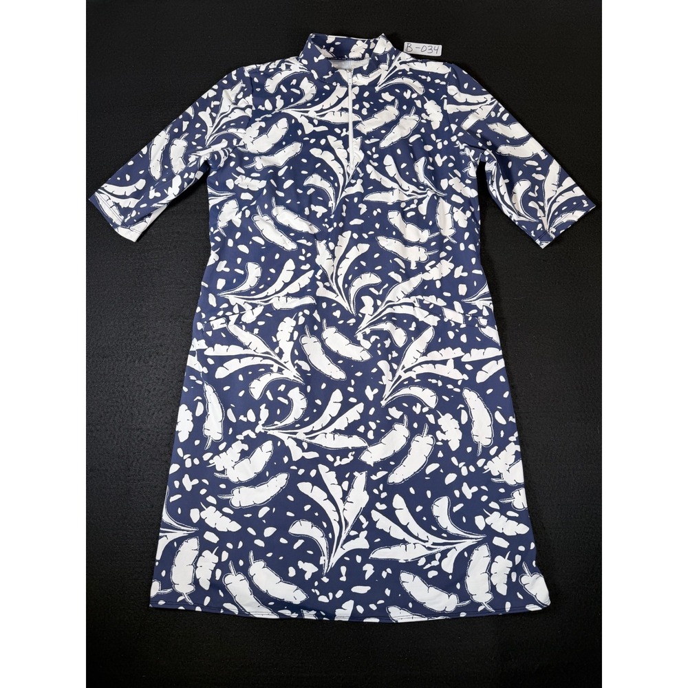 Katherine Way Navy White Banana Leaf Tropical Zip Dress Large Made in USA